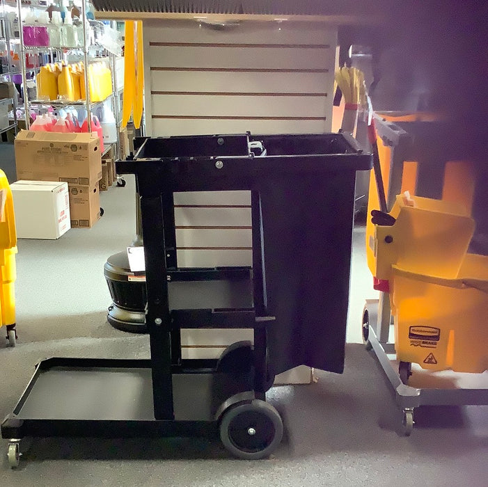 Lavex Janitorial Black Cleaning Cart / Janitor Cart with 3 Shelves, Large Bottom Shelf, and Black Vinyl Bag