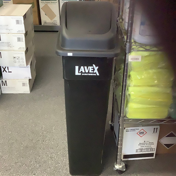 Lavex Janitorial 16 Gallon Black Slim Rectangular Trash Can with Dome Swing Lid